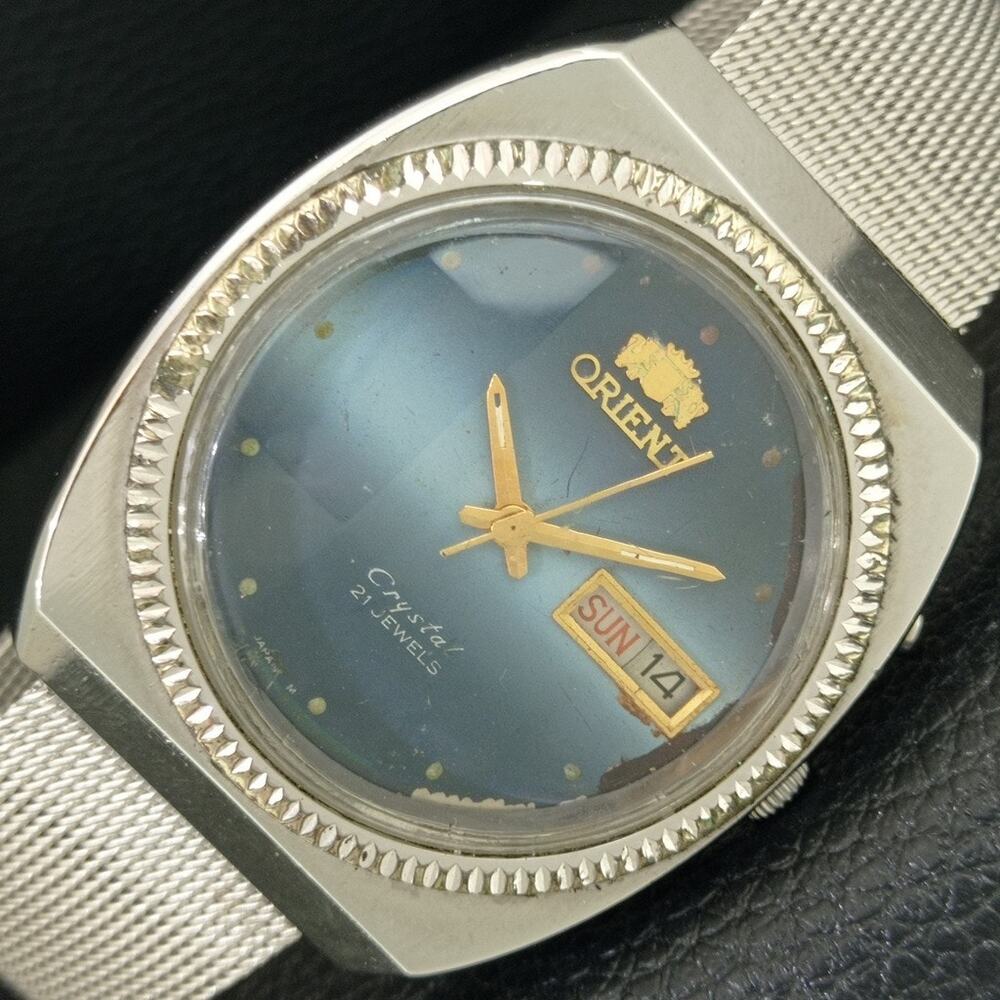 Vintage 1979 Orient Automatic Mens Silver Watch W/daydate & Gold Accents